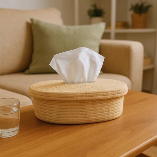 Image of BOBBINY Jute Cotton Tissue Box Holder, Handcrafted Tissue Container for 100 Pulls Natural Tissue Holder for Office Living Bedroom Car Desk Dining Table Home Decor (Brown, Design 4)