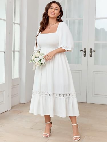SCOMCHIC Women's Plus Size Maxi Dress Short Sleeve Square Neck Smocked Flowy A-Line Lace Trim Boho Wedding Guest Dresses3