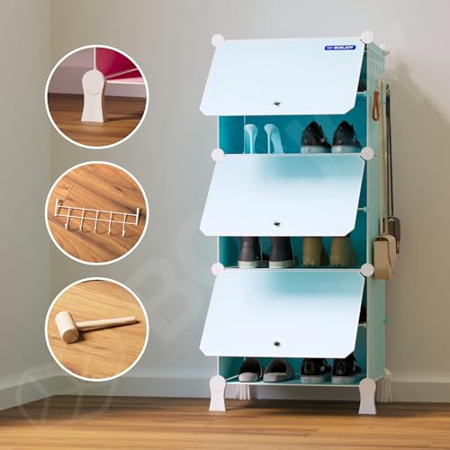 Image of BOXJOY 6 Shelf Shoe Rack with 3 Doors, Magnets, 5 Hook Steel Holder & Wooden Hammer for Home Storage PP Plastic Organizer with Metal Door Frame to Cover Chappal Slipper Sandals Shoes Box Stand (Blue)