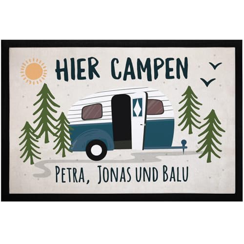 SpecialMe® Fußmatte Camping personalisiert Namen Familie Geschenke für Camper Wohnwagen rutschfest & waschbar Beige 60x40cm