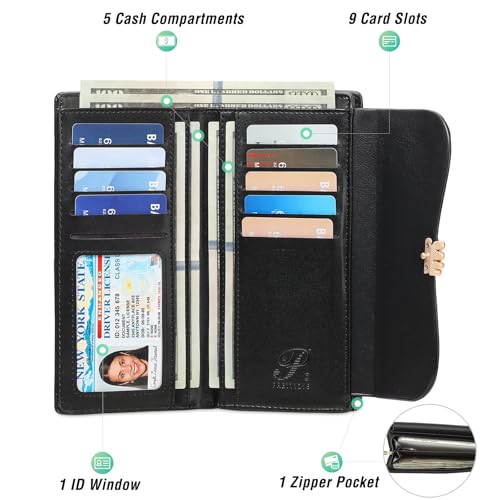 Womens Wallet Leather Credit Card Holder RFID Blocking Trifold Long Ladies Purse with Zipper Pocket2