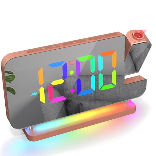 ThreeH RGB Sveglia Proiezione Digitale con luce Notturna Arcobaleno Porte di Ricarica USB&C Volume Regolabile Orologio a Specchio LED per camera da letto Rosa