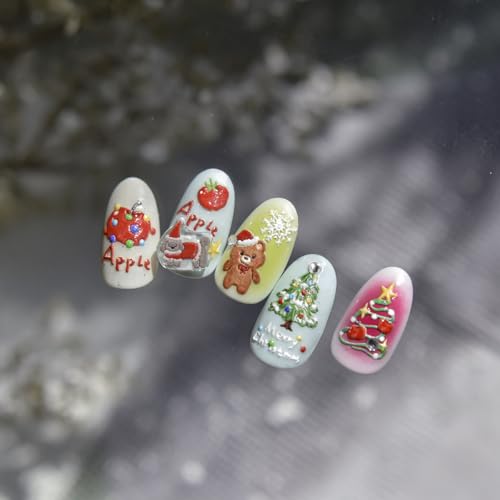 Image of Christmas Nail Stickers Decals Bear Nail Stickers for Nails Art Xmas Tree Nail Decals 5D Embossed Self Adhesive with Design Apple Nails Art Decals for Women Girls Kid Manicure DIY Decoration