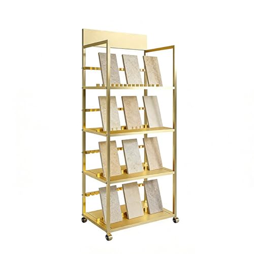 pujindu Expositor Rodante para Azulejos, Soporte Metálico De 4 Niveles con Ruedas para Muestras De Piedra, Organizador para Exhibición De Baldosas De Mármol para Salas De Exposición(Gold,80x35x155cm)