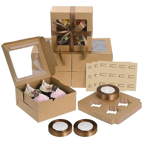 Coolty 30pcs Cupcake Boxes 4 Holes Muffins Desserts Cake Box with 3 Roll Wrapping Ribbon and 3pcs Stickers for Cookies Muffins Cupcakes Desserts Pies (Brown) - Image 2