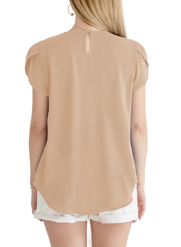 Dokotoo Women's Casual Round Neck Basic Pleated Tops Short Sleeve Loose Fit Curved Keyhole Back Chiffon Blouses Tshirts