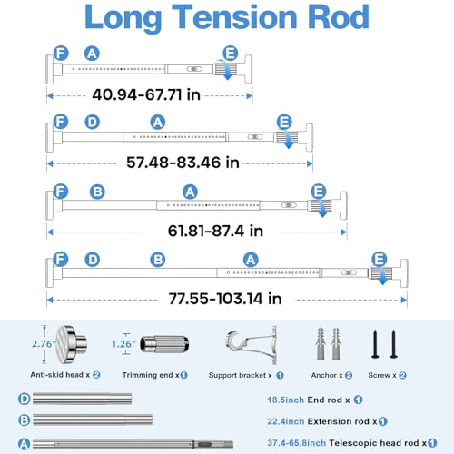 Image of Long Tension Rod 41-103inch Silver Tension Curtain Rods no Drilling | 1.26 inch Diameter Outdoor Curtain Rod for Patio,Windows,Anywhere Heavy Duty Spring Rods Adjustable