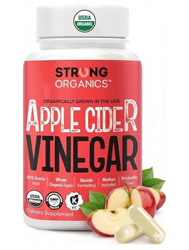 Strong Organics Certified Apple Cider Vinegar with The Mother – USA Grown, High Potency 10% Acetic Acid – Digestive Health, Gut & Immune Support – Keto, Kosher, Non-GMO – 120 Vegan Capsules