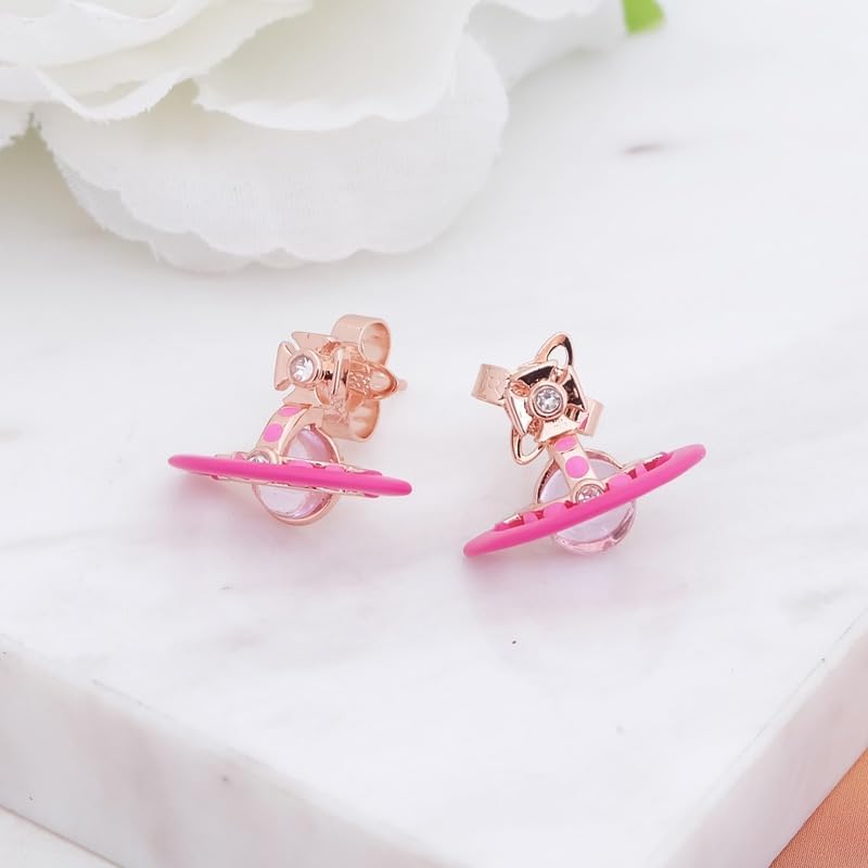 Colorful Earrings of Saturn for Women - Colorful Crystal Quartz Saturn Earrings Ear Studs(Rose Gold Pink)