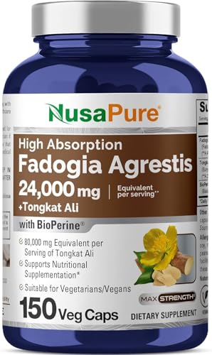 NusaPure Fadogia Agrestis 24,000mg + Tongkat Ali 80,000mg - 150 Veggie Caps - Non-GMO, Made in USA, Serving 2 VCaps, BioPerine