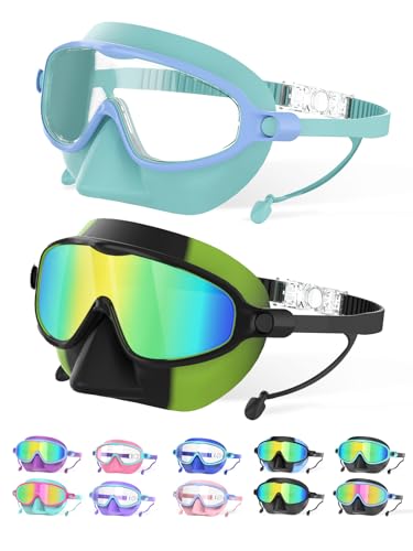 YLKJSWIM Kids Swim Goggles with Nose Cover for 3-12, 2 Pack Anti Fog/UV Swimming Goggles Mask for Boys Girls Toddler