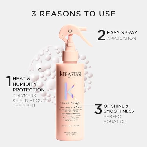 Image of Kerastase Gloss Absolu Anti-Frizz Heat Protectant Spray For Glossy Hair | Fine To Medium Hair | 4-Days Anti-Frizz | With Hyaluronic & Glycolic Acid, Wild Rose-In-Oil | 190ml