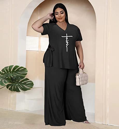 Mrsfitok Plus Size Wide Leg Pants Sets Women 2 Piece Outfits Casual Sweatsuits Elegant Short Sleeve Split V Neck Tops Pant Set Faith Black 3Xl #TOP1