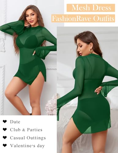 Image of Avidlove Mesh Mini Dresses for Women Bell Sleeves Bodycon Turtle Neck Split Lingerie Dress Vacation Party Outfits Clubwear