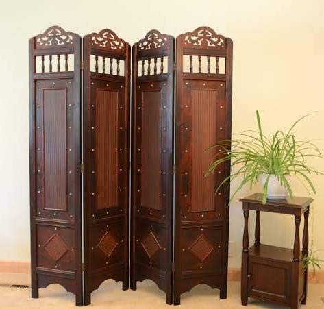Shilpi Handcrafted Wooden Partition in Sheesham Wood & Antique Decor Covered for Living Room Separator 4 Panel