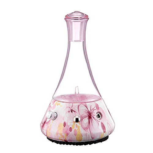 Opulence - Nebulizing Essential Oil Diffuser for Aromatherapy with Pink Floral Ceramic Base and Pink Hand-Blown Glass with Touch Sensor Light Switch - No Heat, No Water, No Plastic