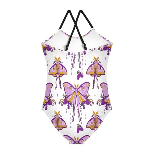 Purple Moth White Kids Swim Suit with Adjustable Shoulder Strap, Beach Swimsuit Girls, 3-102