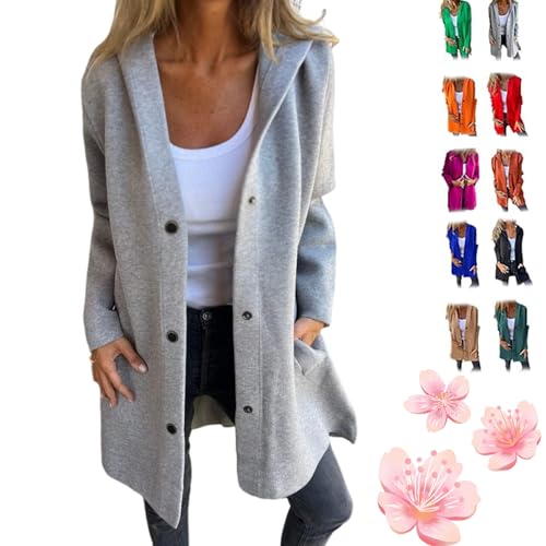Cedar and Ash Single Breasted Hooded Jacket, Casual Single Breasted Jacket, Long Sleeve Solid Color Trench Coat with Pockets (Gray,XXL)