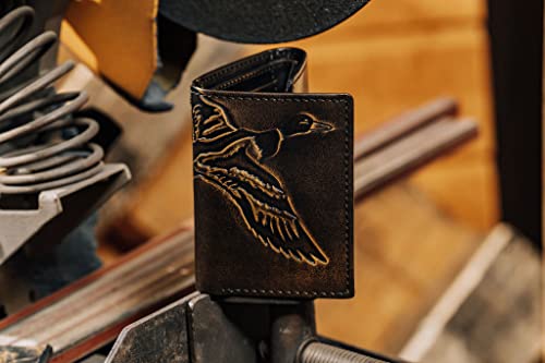 Image of House of Jack Co. Duck Men's Trifold Wallet, Full Grain Leather Hunting Wallet with ID Window, 8 Card Slots, Camo Lining, Embossed Duck, Duck Hunter Gift, Black