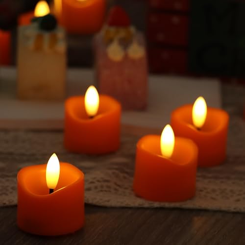 Image of CANDLE CHOICE Battery Operated Flameless Tea Lights Realistic Black Wick Bright Flickering LED Tealight Votive Candles Wedding Party Table Halloween Christmas Decorations Batteries Incl. 6 Pack Orange