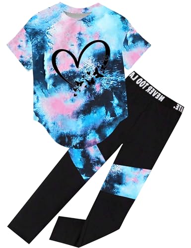 Girls 2 Piece Outfits Toddler Girl Clothes Print Sweatsuits Short Sleeve Shirt Leggings Pants Athletic Tracksuits Causal Kids Clothing Sets Spring Summer Fashion Jogging Lounge Set Blue Size 6-7