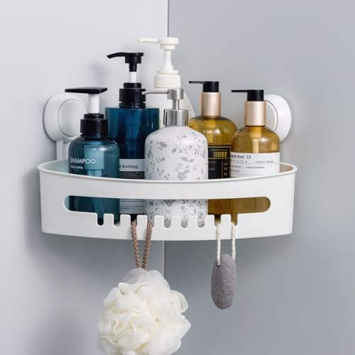 Corner Shower Caddy with Suction Cups - No Drilling Removable Shower Organizer, Heavy Duty Rustproof Bathroom Shelf & Basket, Strong Waterproof Storage for Shampoo, Soap - White