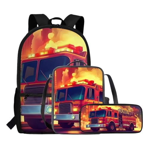 Rnyleeg Fire Truck Backpack for Boys Novelty Kids Bookbag Set Lightweight Lunch Box and School Bag Set of 3 for Elementary Middle Back to School Gifts