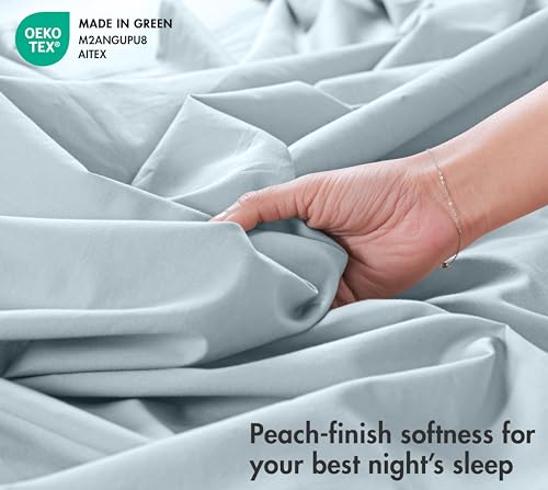 Image of RUVANTI 100% Cotton Percale Sheets California King - Crisp Cooling Summer Bed Sheets for Hot Sleepers, Deep Pocket 12 inch, Soft Peach Finish, Breathable & Durable Hotel-Style 4 Piece Set, Ice Blue