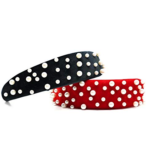 Servisso Lifestyle Velvet Pearl Headband Set of 2 - Red and Black Luxurious Faux Pearl Fashionable Headbands