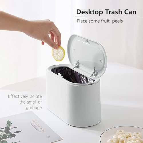 SUBEKYU Mini Trash Can with Lid,Small Desk Trash Can,Countertop Mini Garbage Cans,Tiny Waste Basket,White,with 3 roll Bags
