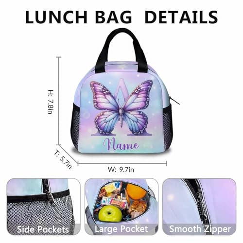 School Backpack for Girls, Custom Name Monogram Butterfly Backpacks, Personalized Initial Bookbag with Lunch Box for Kindergarten Primary Elementary, Schoolbag with Pencil Case Bundle for Kids3