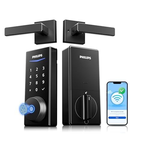 Philips Wi-Fi Smart Lock with Handles, WiFi Keyless Entry Front Door Lock Set, Keypad Deadbolt with Handle App Fingerprint Code Unlocking, Auto Locking, Built-in WiFi, Remote Control & Voice