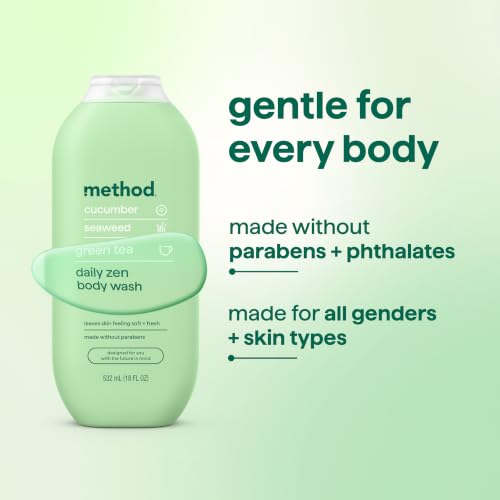 Image of method Body Wash, Daily Zen, 18 fl oz | Soothing Formula, Leaves Skin Feeling Soft & Moisturized, Made Without Parabens, Notes of Cucumber, Seaweed & Green Tea