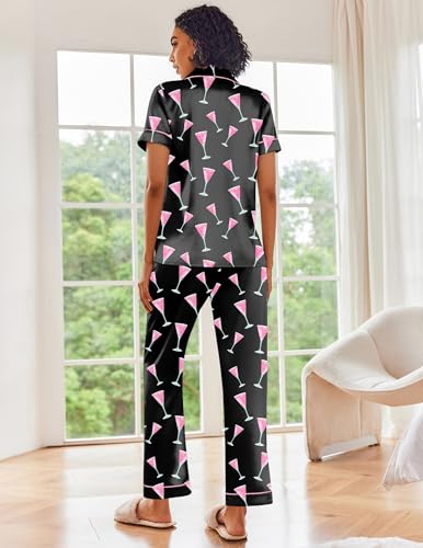 Image of Ekouaer 2 Piece Satin Short Sleeve Pajamas Set Button Down Sleepwear | Soft Pjs Set Classic Loungewear for Wedding, Party, Home, Daily Wear, Date Nights