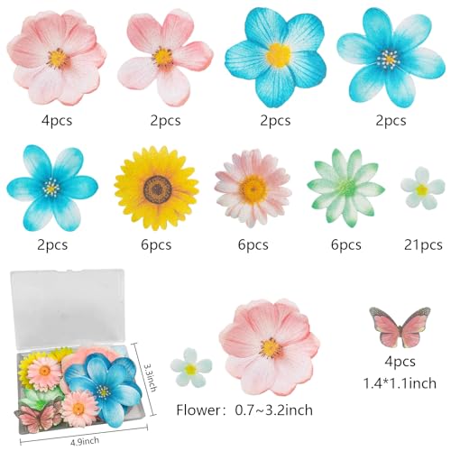 Morofme 55pcs Edible Flower Butterflies Cake Topper Wafer Paper Flower Cupcake Toppers Hawaiian Flower Cake Decorations Mixed Size for Tropical Luau Themed Birthday Baby Shower Party Supplies