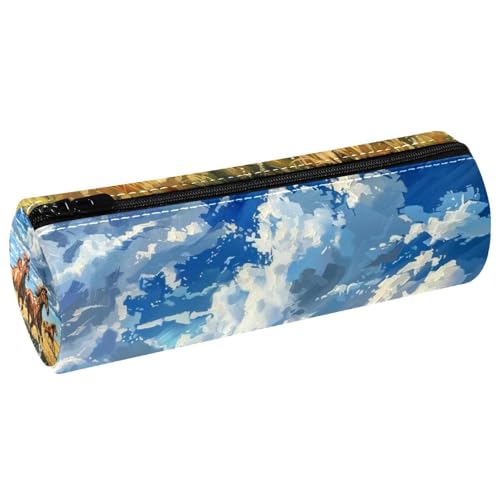 VAPOKF Trousse à crayons avec imprimé cheval sur la prairie, trousse à crayons en cuir synthétique pour étudiants, papeterie, trousse de maquillage pour femmes, filles, garçons, enfants, fournitures