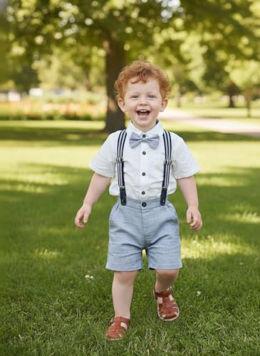 Image of Volunboy Baby Boy Formal Short Set Toddler Summer Gentleman Outfit Kid Short Sleeve Bowtie Shirt Suspender Shorts Suit