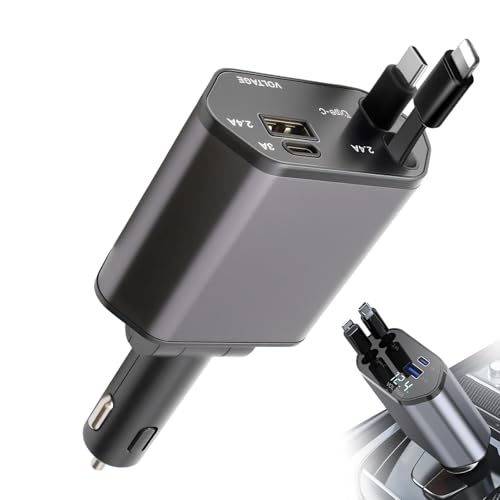 Caricabatterie da auto retrattile 4 in 1 da 66 W 12/24 V, adattatore per accendisigari USB-C con cavi per i-Phone e USB-C, caricabatterie USB per telefono a ricarica rapida compatibile con Galaxy