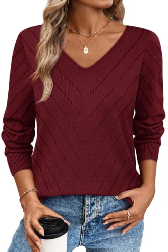 Image of WIHOLL Sweaters for Women V Neck Casual Knit Long Sleeve Tops Lightweight Pullover Clothes Fall Fashion Outfits 2026