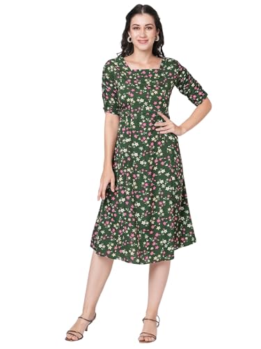Selvia Western Dress For Women|Crepe Dress For Women|Fit & Flare Dress|Floral Printed Dress For Women|One Piece Dress For Women (680Dtk7815N-Xl_Dark Green And Multi)