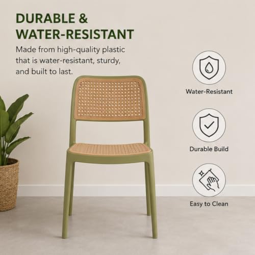 Image of NARSA Modern Rattan Style Dining Chair for Home & Cafe | Cane Pattern Plastic Chair with Ergonomic Backrest | Lightweight & Durable Indoor Outdoor Seating Chair (Green, Armless, Set of 1)