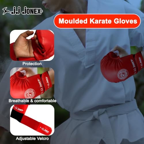 Image of Jonex JJ Moulded Karate Glove, Punching Bag Gloves for Training, Foam Padding, Elastic Hook & Loop Wrap Around Strap, Gloves for Better Protection | PU Shell | Foam Padding | Red |