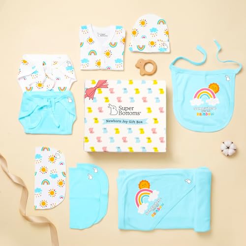 Image of SuperBottoms Baby Gift Set for New Born - Skin-Friendly Newborn Essentials - Ideal Gifts for NewBorn Baby - Unisex Clothing - 0-3 Months - 11 Pieces Baby Gift Hamper (Blue)