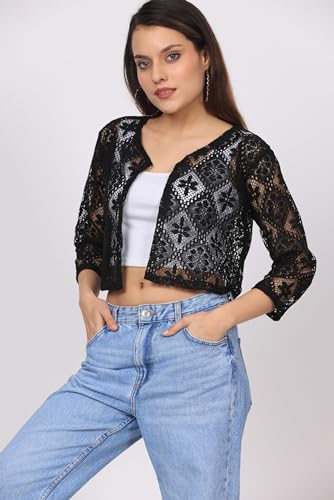 Image of Women Self Design Floral lace Regular Open Front Shrug