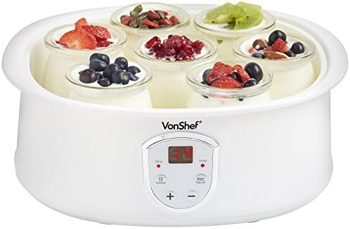 VonShef Yoghurt Maker Machine  Yogurt Maker with 7 x 200ml Glass Jars & Lids, LCD Display & Timer, 20W, Ideal for Homemade Individual Yoghurt Pots, Easy Cleaning & Simple Operation  White