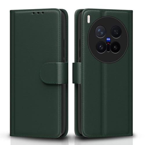 Image of Amazon Basics Flip Cover for Vivo X300 Pro 5G Leather Finish | Wallet Stand and Shock Proof | Inside TPU with Card Pockets | Complete Protection Flip Case (Green)
