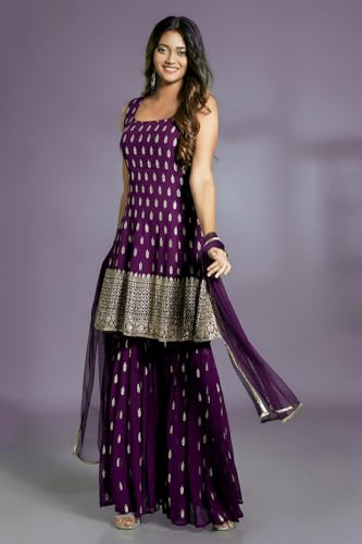 Image of Xomantic Fashion Women's Embroiderd Work Navyblue Color Weding Wear Anarkali Kurta Sharara Set
