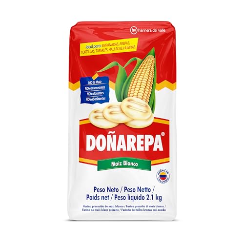 Doña Arepa - Harina de Maíz Blanco Extrafina - Formato de 2,1 Kg - 100% Natural y Rico en Fibra - Ideal para Preparar Arepas Colombianas, Cachapas y Platos típicos