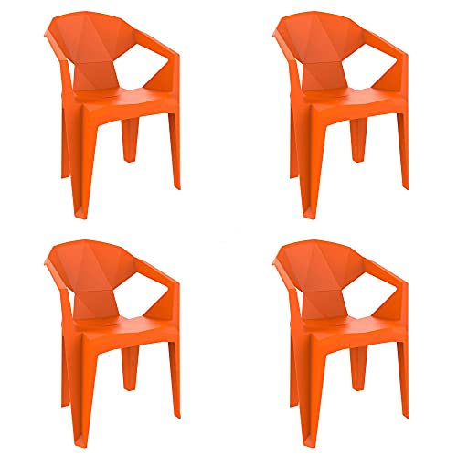 resol grupo RESOL Delta Set 4 Sillas de Jardín Apilables con Reposabrazos de Diseño Moderno para Terraza, Porche o Balcón con Filtro UV No Pierde Color y de Fácil Mantenimiento - Color Naranja