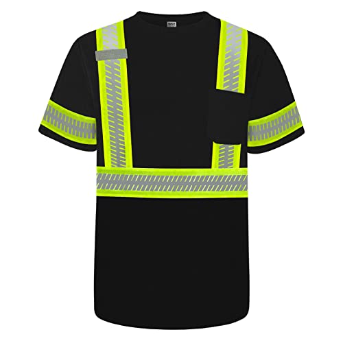 TCCFCCT Reflective Shirts Class 3 High Visibility Shirts for Men, Hi Vis Safety Shirts for Men Women, Short Sleeve Construction Work Shirts with Green Extend Edge, Durable & Breathable, DT-Black XXL